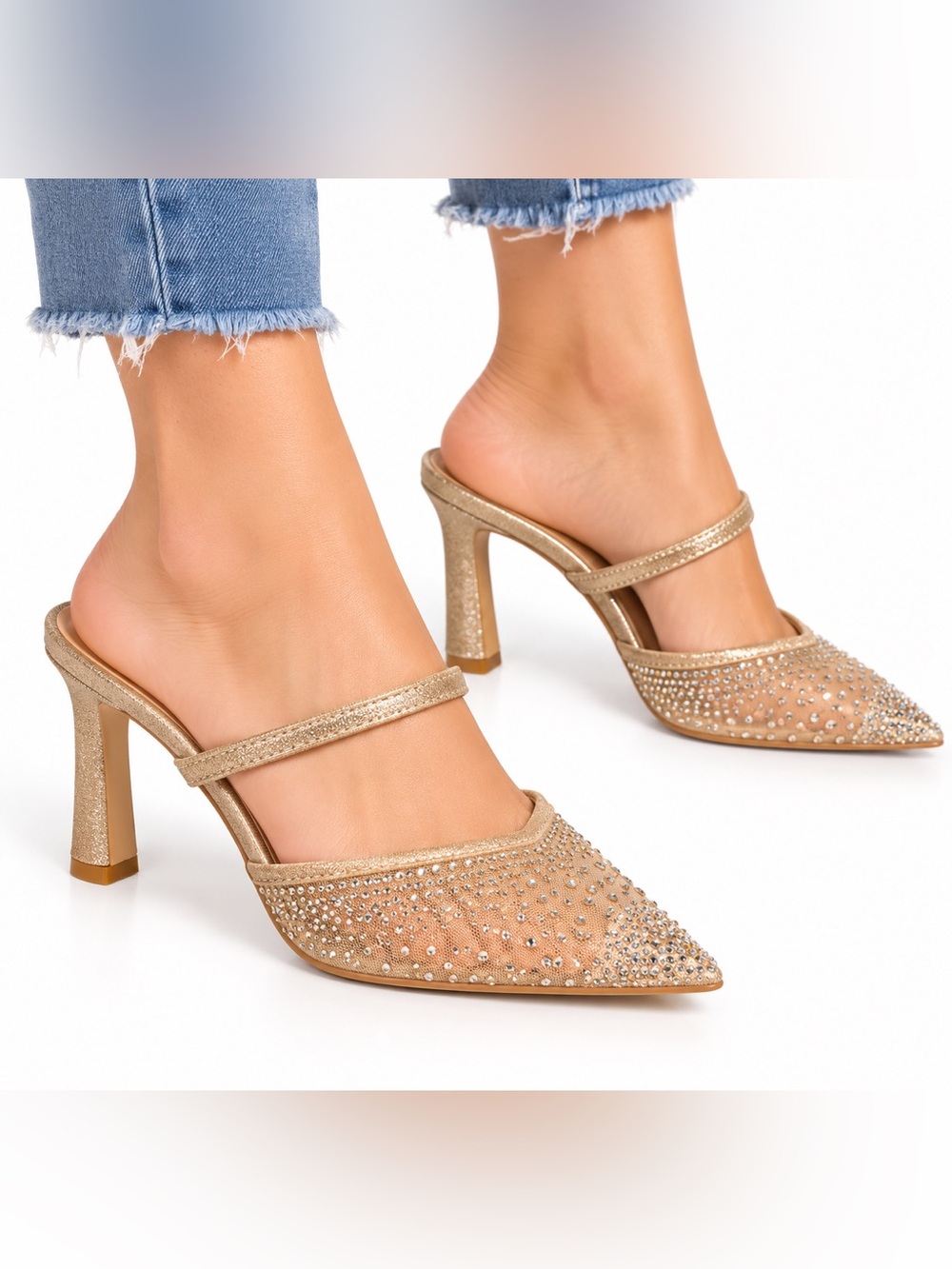 A New Day Size 7 Elegant Gold Mesh Pointed-Toe Heels with Rhinestone Detail